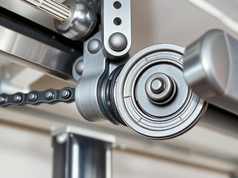 Garage door chain and roller mechanism close-up showing proper maintenance